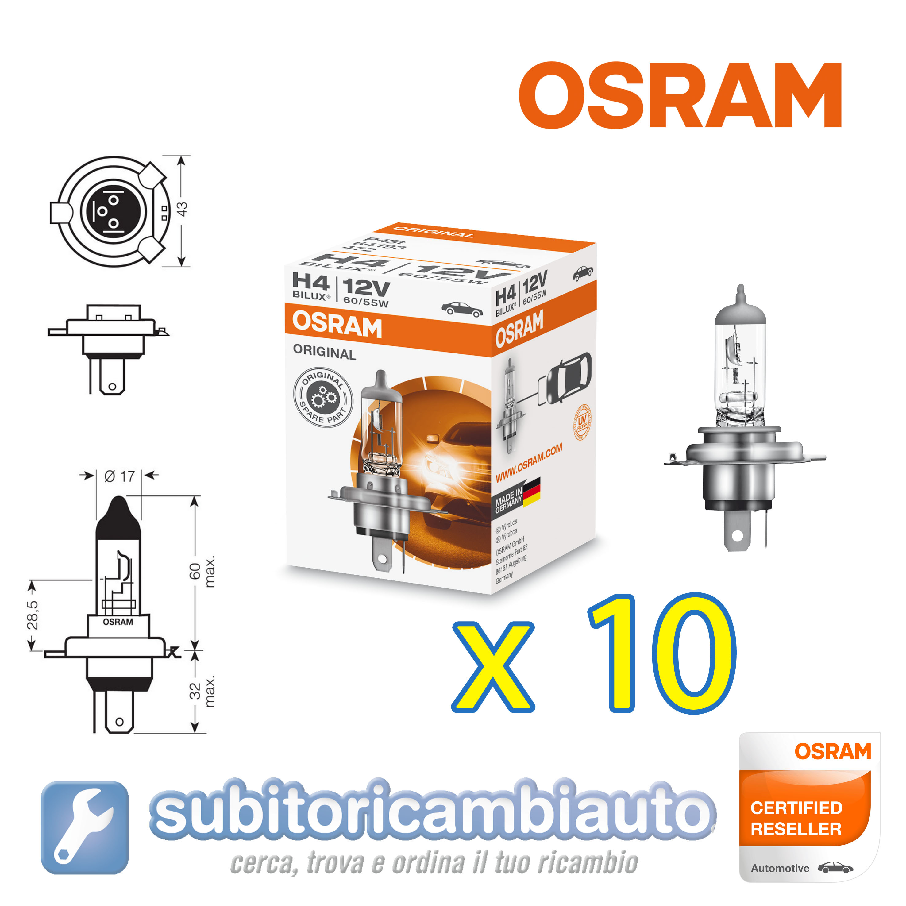 10 LAMPADE OSRAM H4 CLASSIC ORIGINAL LINE BILUX 64193 10 pezzi