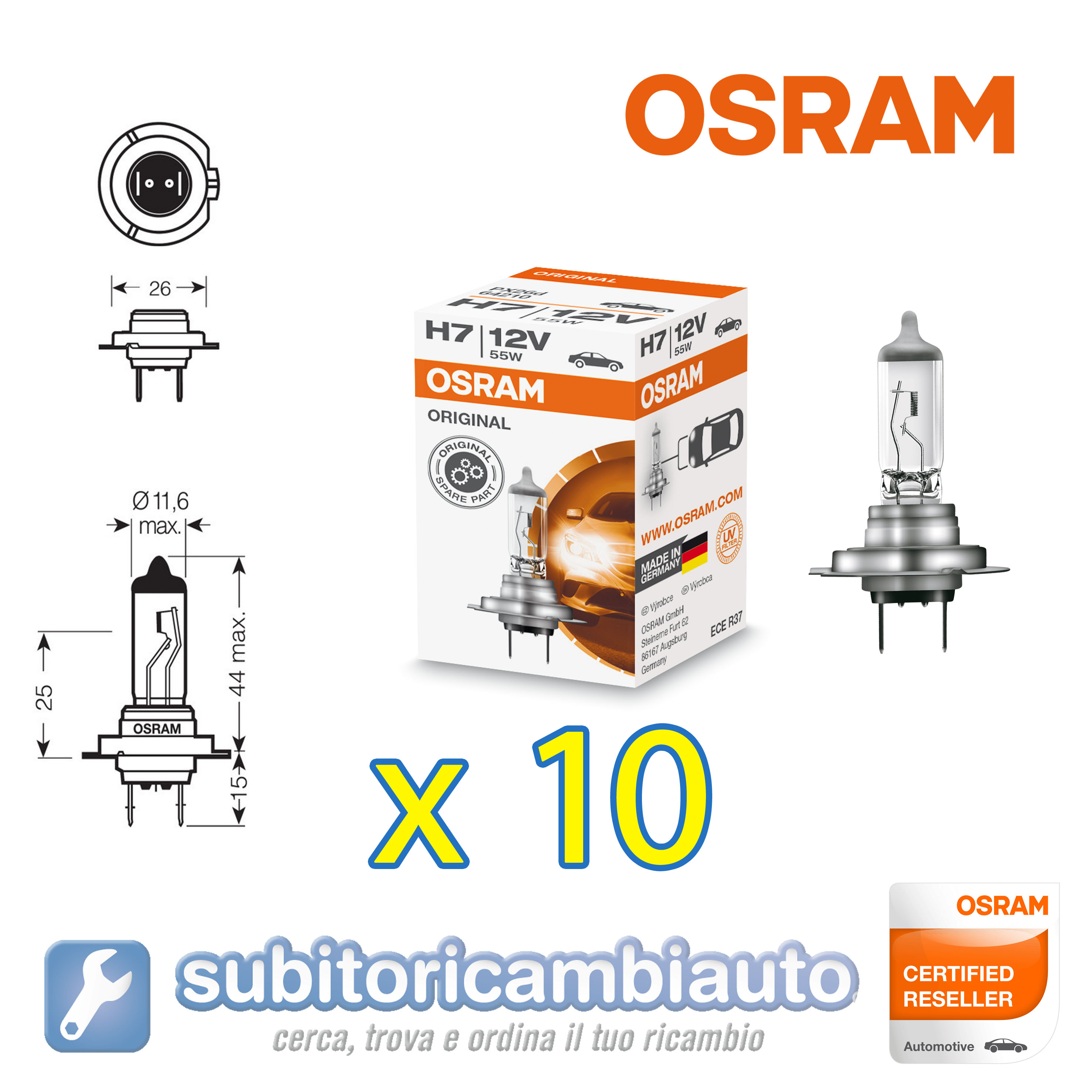 10 LAMPADE OSRAM H7 CLASSIC ORIGINAL LINE 64210 10 pezzi