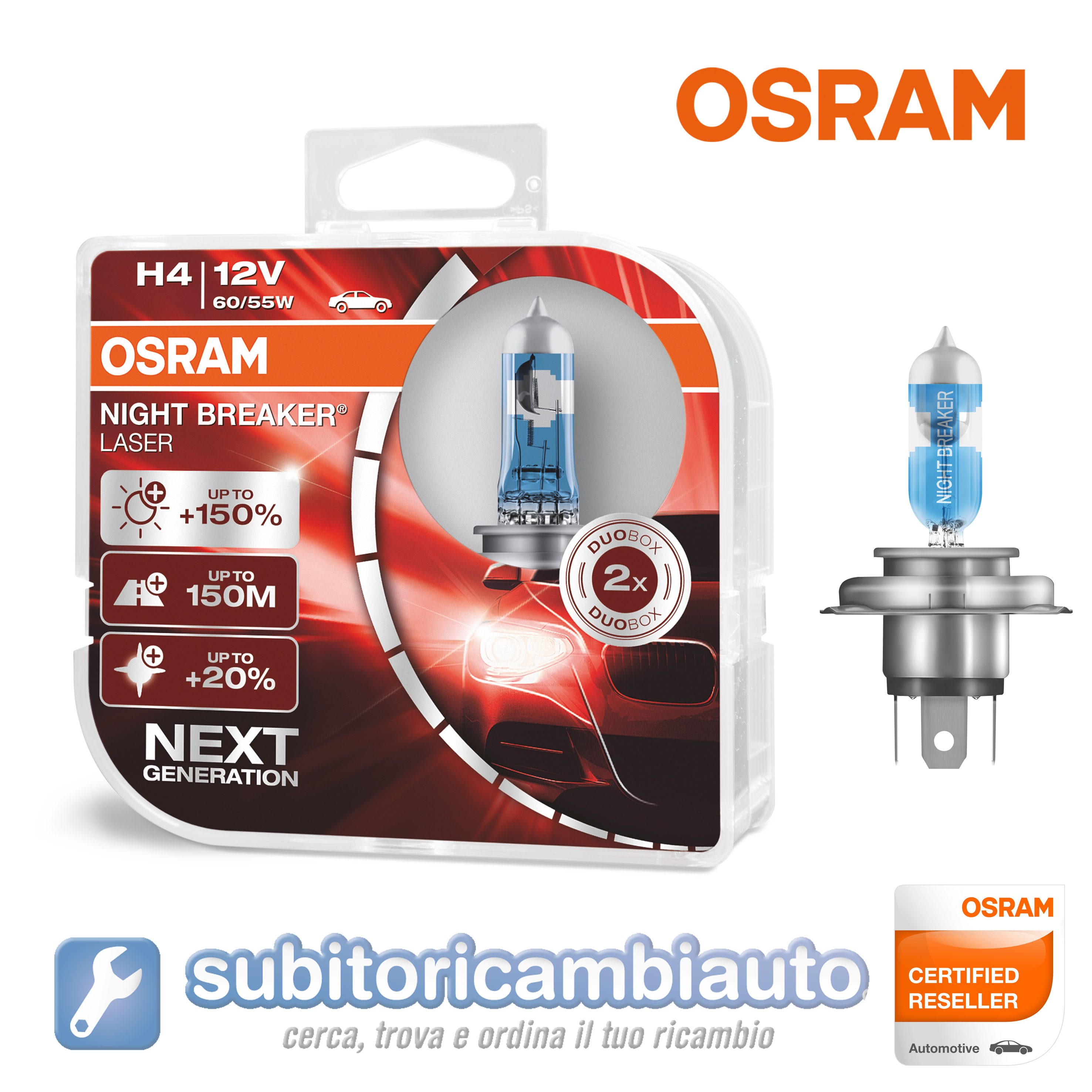 12V +150/% di luce OSRAM NIGHT BREAKER LASER H4 2 lampade 64193NL-HCB duo box next generation lampada da proiettore alogena auto
